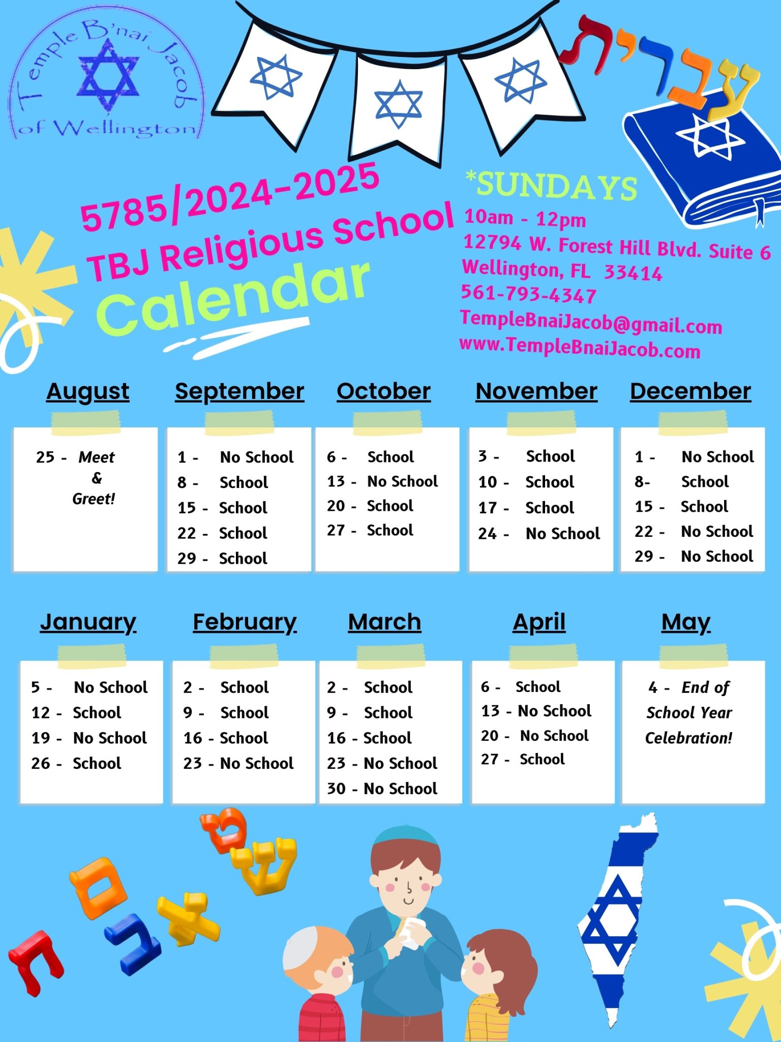 Religious School Calendar 20242025 Temple B'nai Jacob of Wellington
